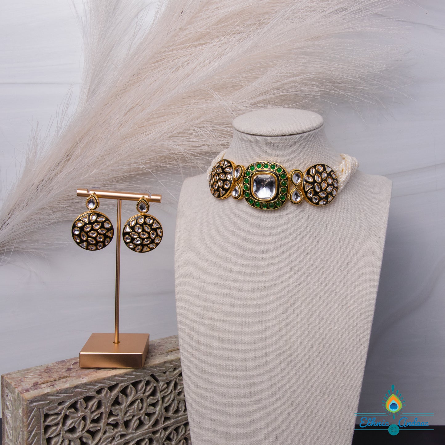 Miha kundan choker set with matching earrings featured in Indian Wedding Jewelry display.