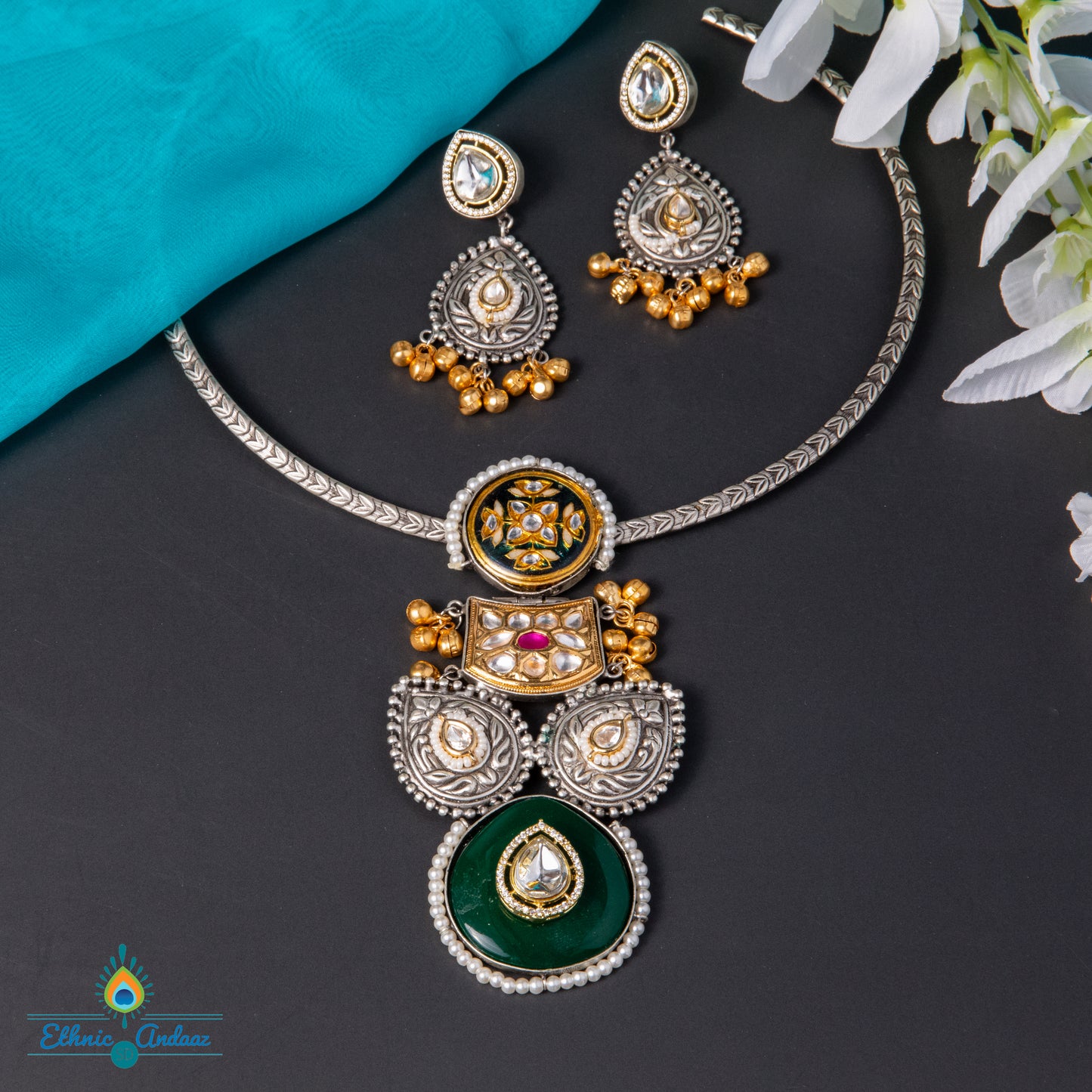 Mayra oxidised hasli necklace set featuring silver design with kundan and meenakari accents, perfect for ethnic wear.