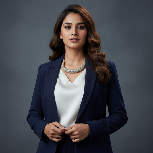 Woman wearing Bhavna oxidised silver hasli set with a sophisticated navy suit and elegant hairstyle.
