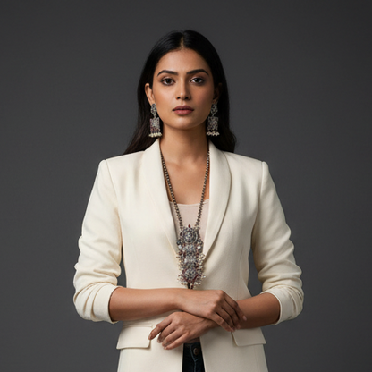 Disha oxidised necklace set worn by model, showcasing a silver necklace with Ganesha pendant and ruby stone.