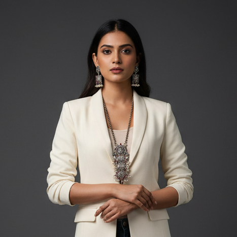 Disha oxidised necklace set worn by model, showcasing a silver necklace with Ganesha pendant and ruby stone.