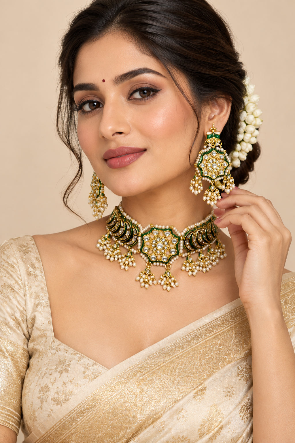 Gold and green traditional Indian jewelry set featuring a choker necklace and matching dangle earrings, displayed on a cream fabric mannequin bust with a gold stand against a wood panel and white floral background.