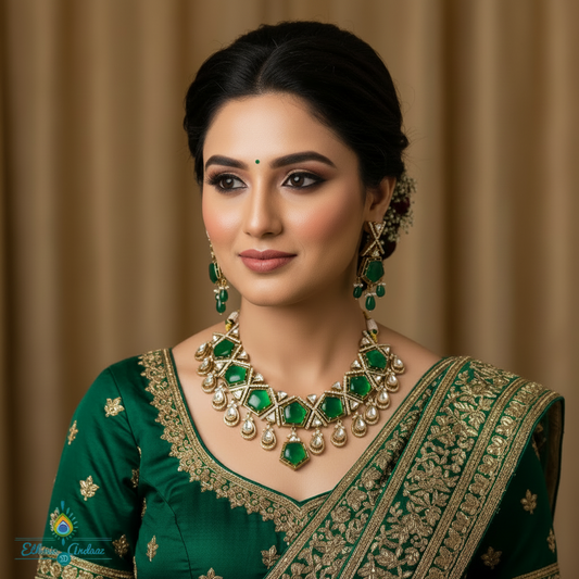 Laya Jaipuri necklace set worn by a woman with elegant green attire, showcasing emerald accents and CZ stones.