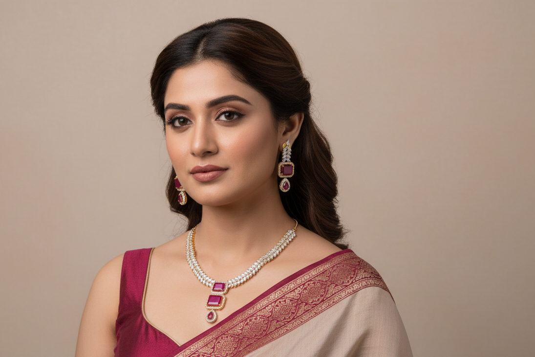 Mirra cubic zirconia jewelry set worn by a model, featuring ruby-colored stones and elegant design.