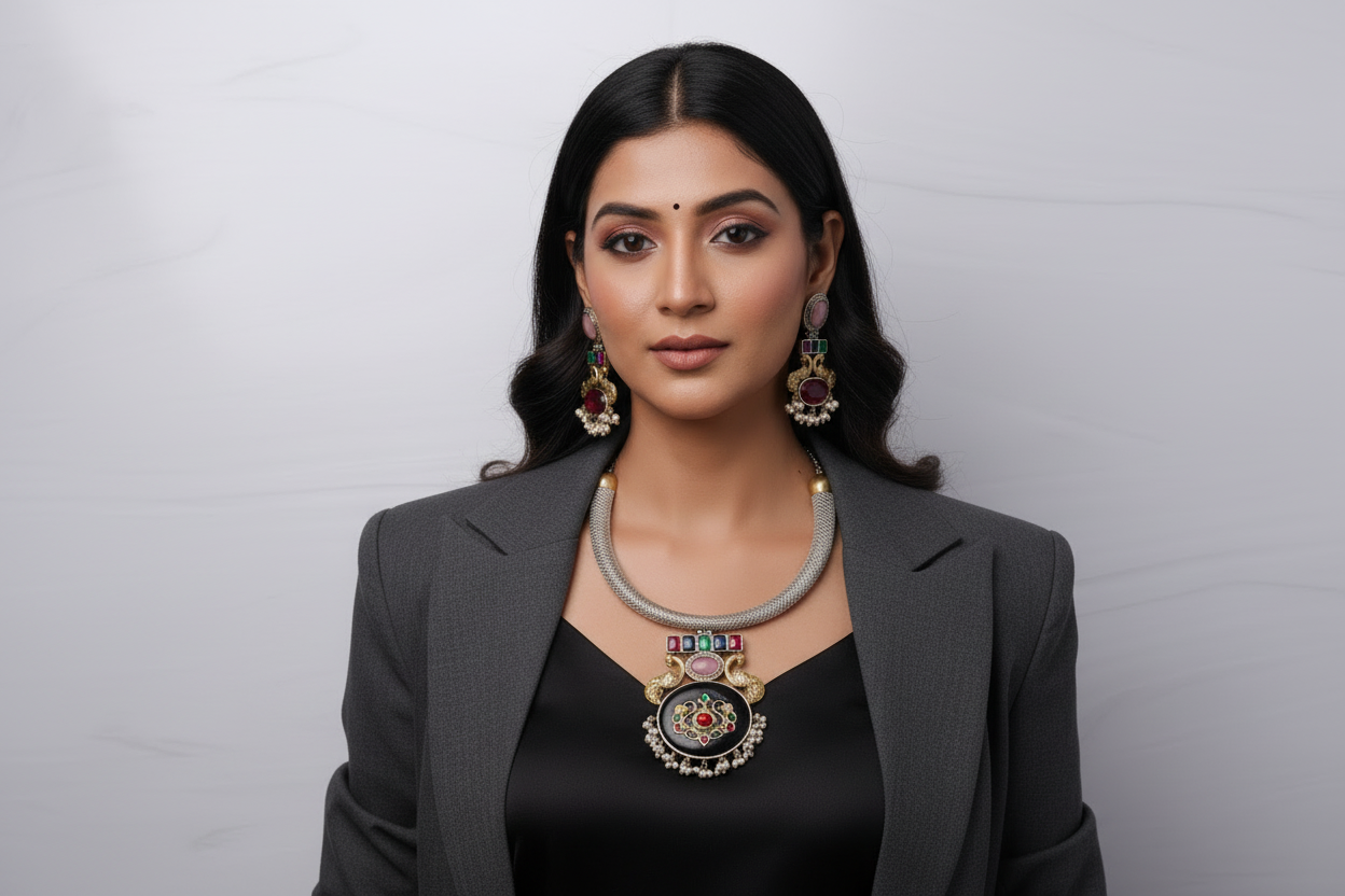 Model showcasing the Pihu oxidised jewelry set with a stone-studded pendant and matching earrings, exuding elegance.