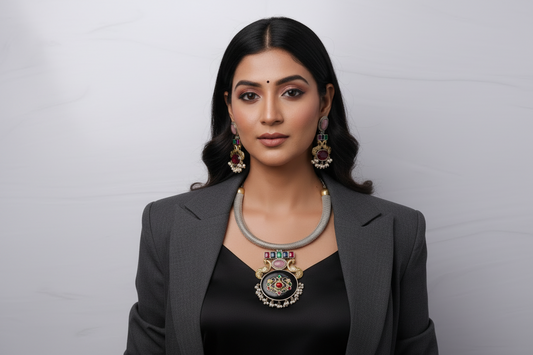 Model showcasing the Pihu oxidised jewelry set with a stone-studded pendant and matching earrings, exuding elegance.