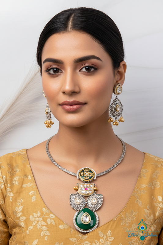 Mayra oxidised hasli necklace set worn by a model, featuring kundan and meenakari detailing in a stylish ethnic look.