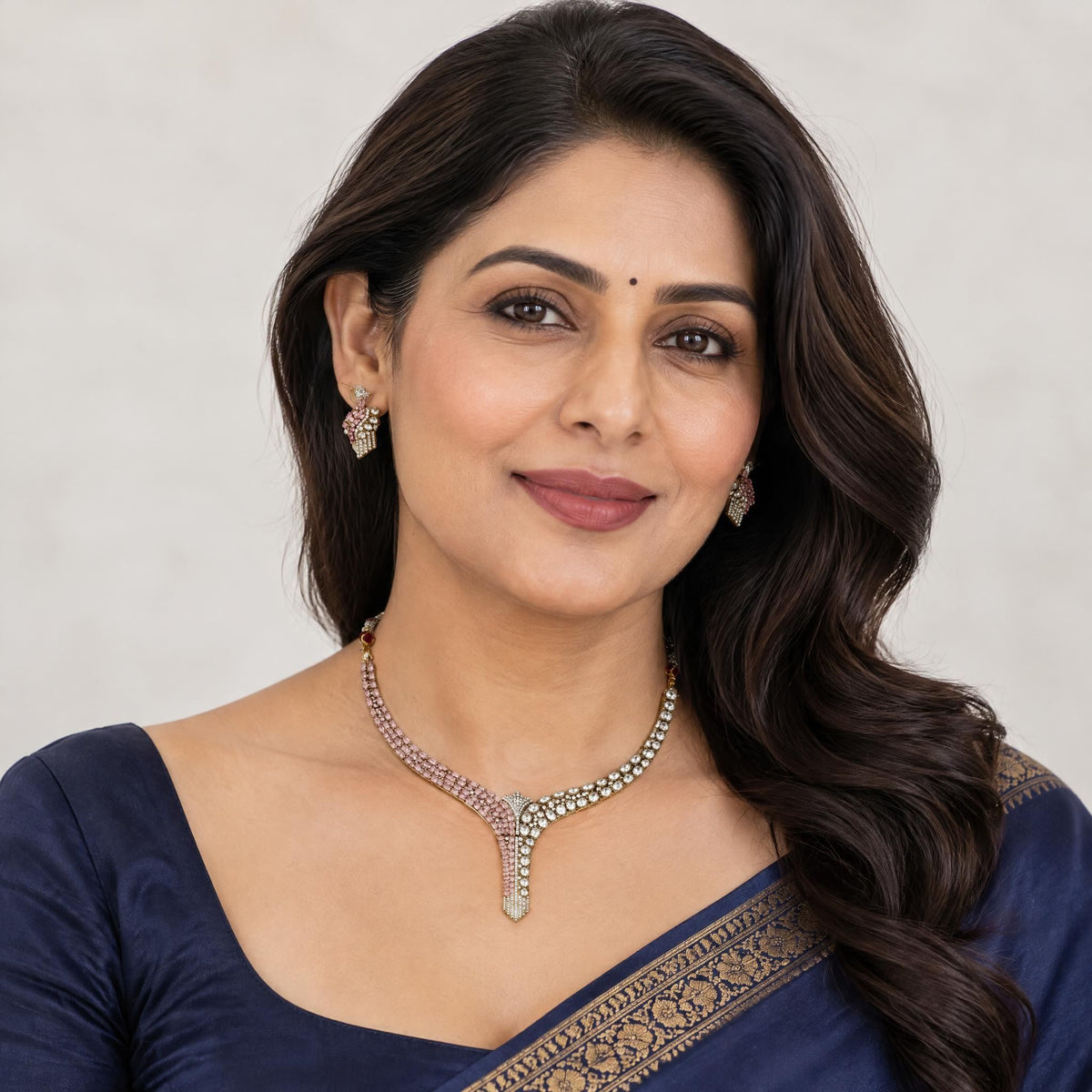 Mature Indian woman in a navy blue blouse wearing a modern ruby-inspired cubic zirconia jewelry set.