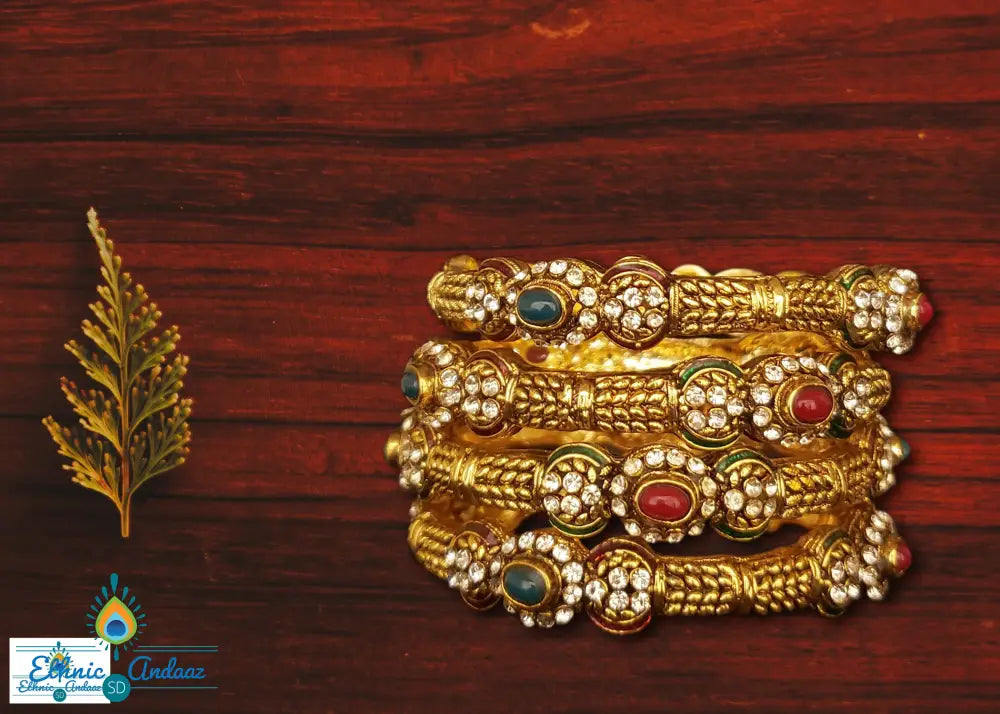 Ethnic Gold Stone Studded 4 Pc Bangle Set