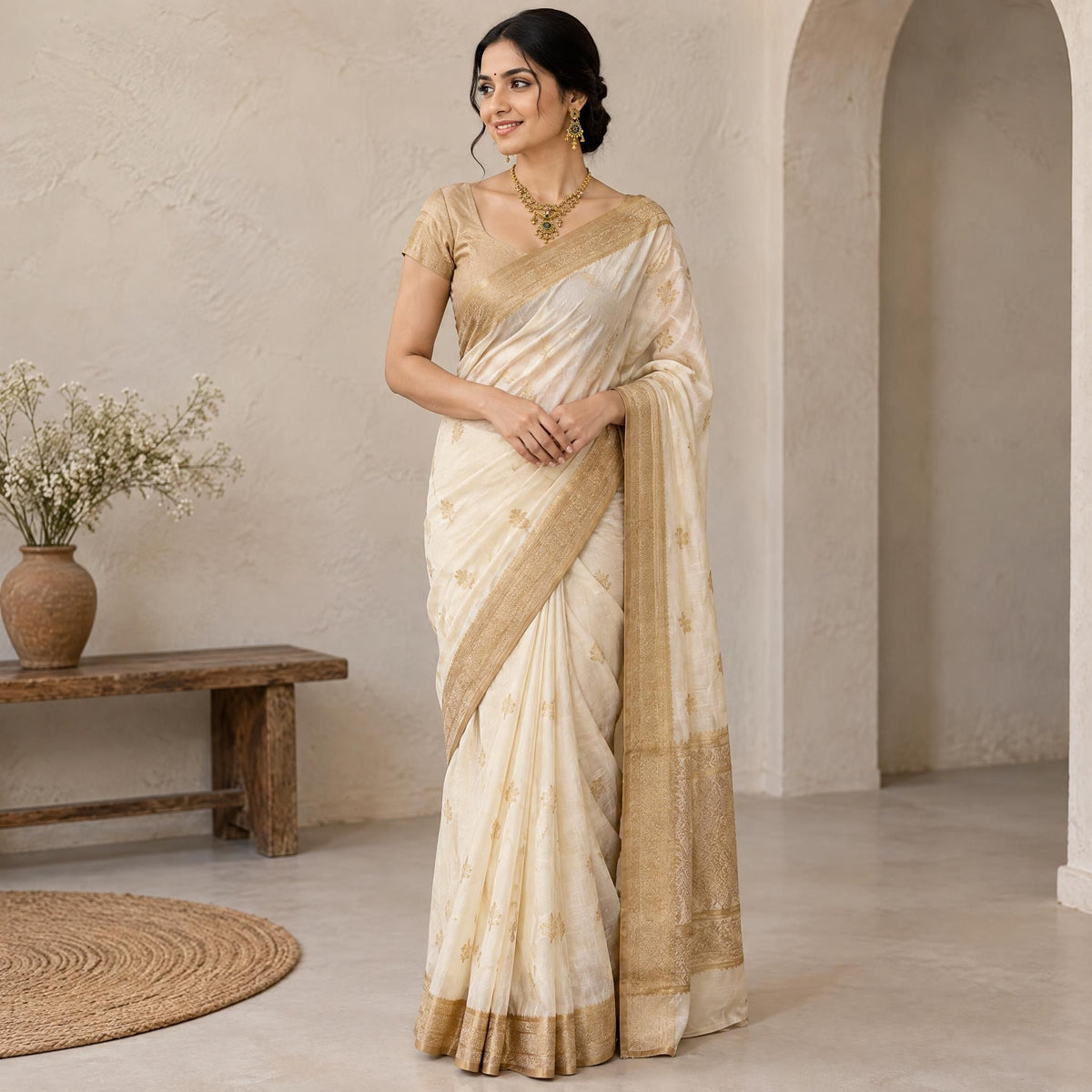 Indian model wearing a traditional gold necklace and earring set while standing in a minimalist interior.