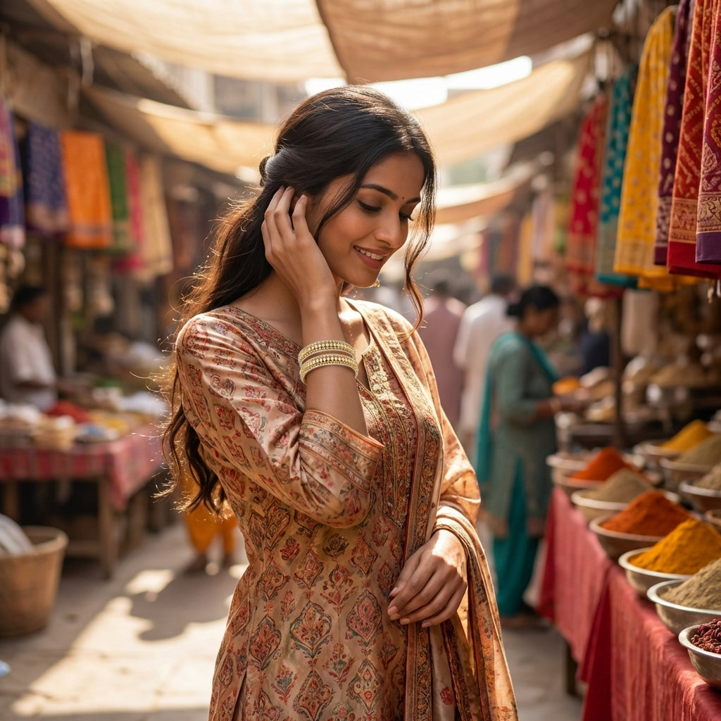 Indian model wearing lightweight traditional outfit showcasing fine Teji CZ bangles on her wrist in a vibrant outdoor marketplace.