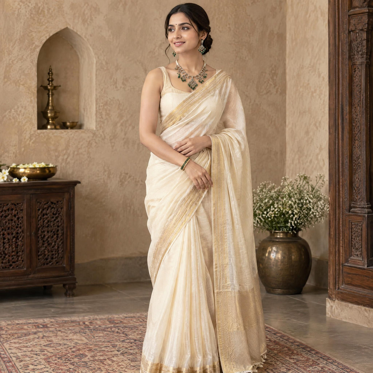 Indian model wearing elegant kundan bangles with vibrant green beads in a decorated indoor space with textured walls.