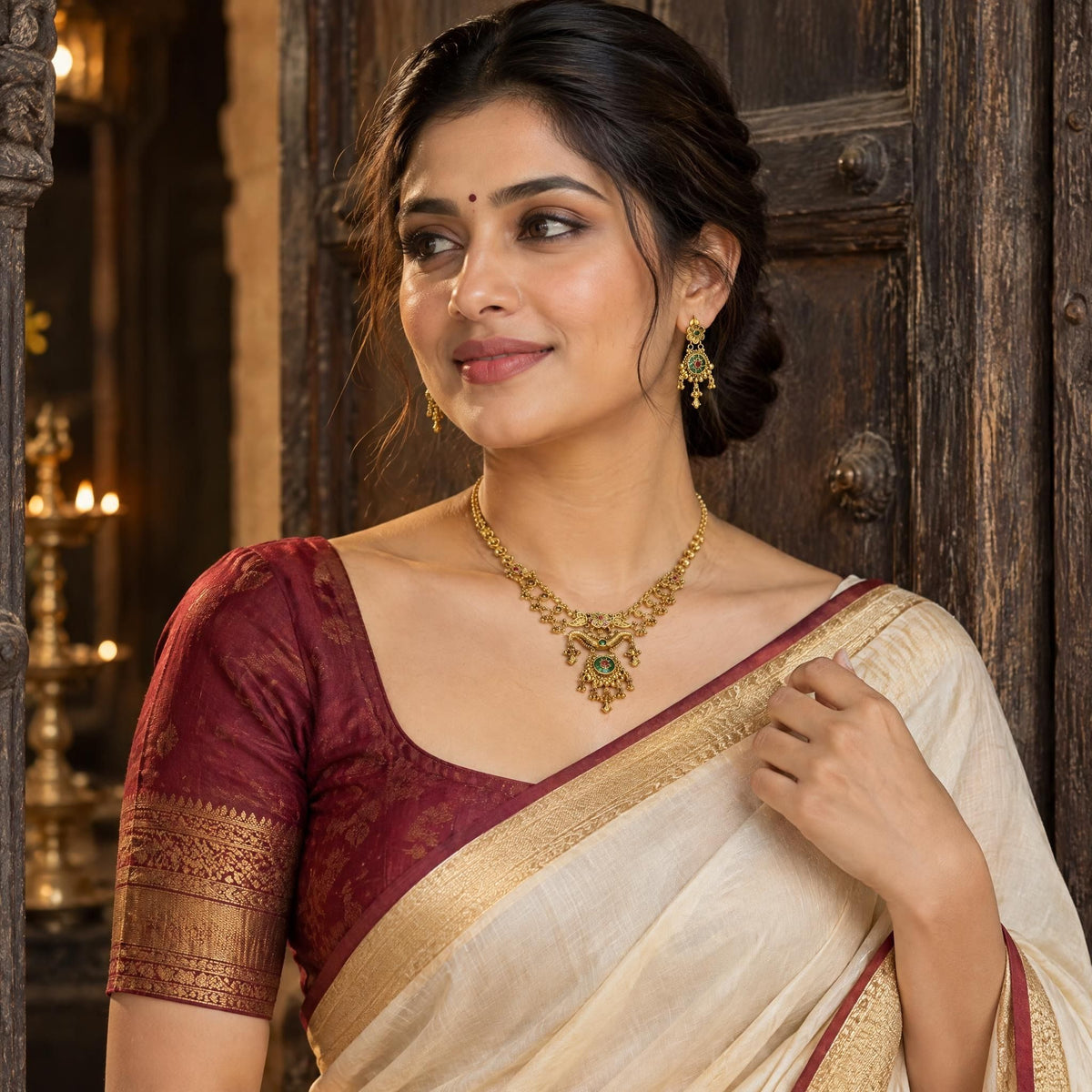 Indian model wearing a heritage gold necklace and earrings while posing in a weathered wooden doorway.