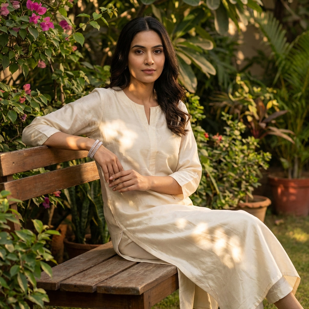 Indian model wearing a tiny Kamala CZ bangle on her wrist in an outdoor garden during golden hour, showcasing elegance and everyday sophistication.
