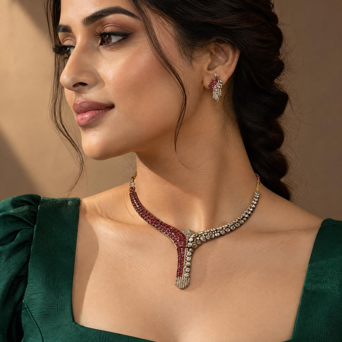 Profile view of an Indian woman wearing a ruby-inspired cubic zirconia necklace and earring with a green dress.