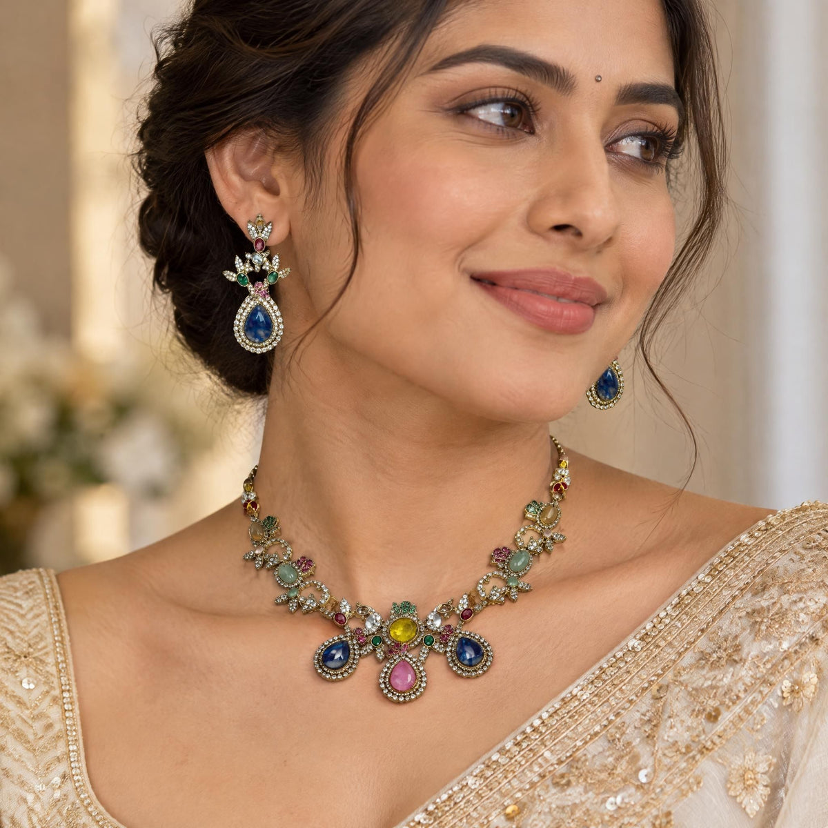 Indian model wearing intricate gold pendant and matching drop earrings featuring traditional artistry.