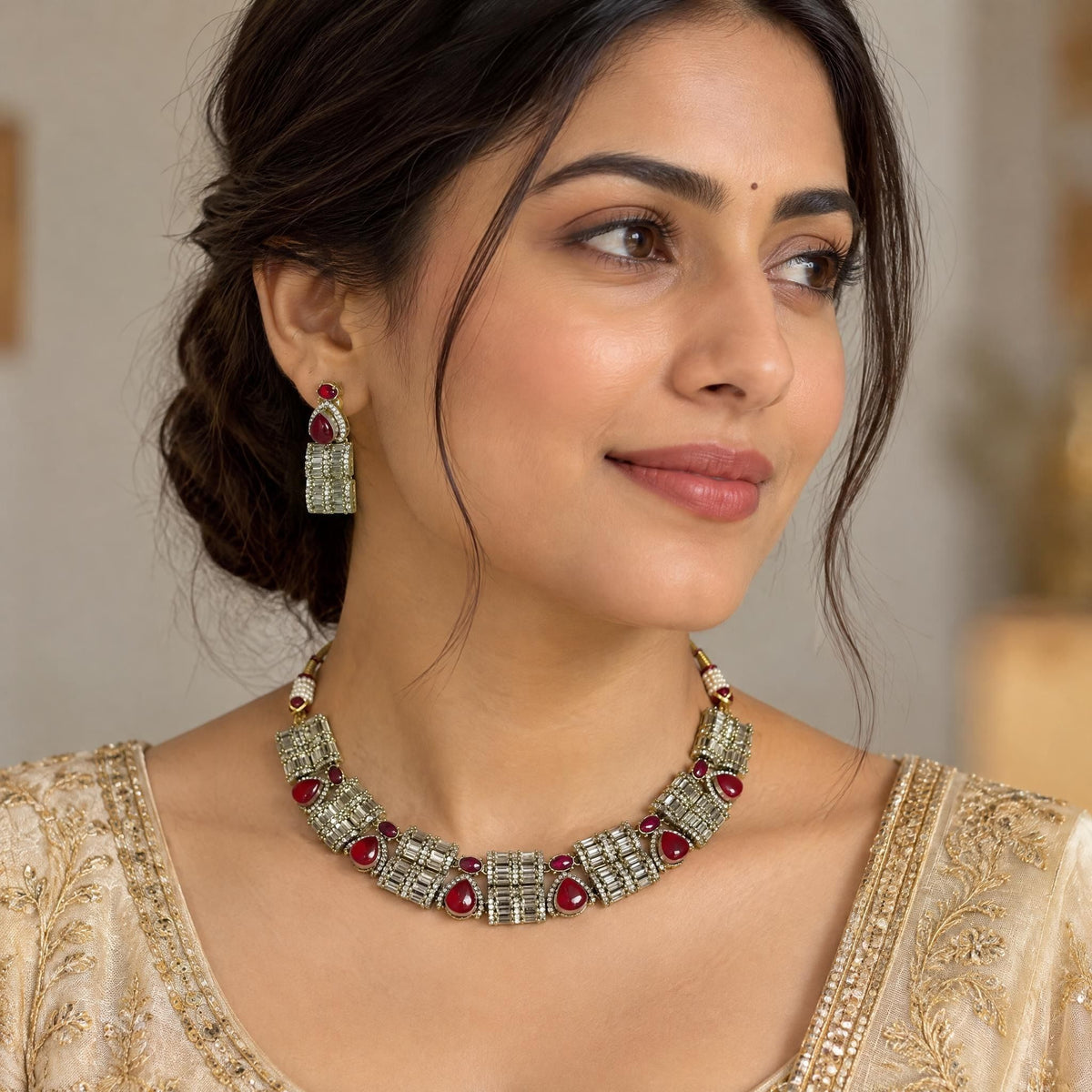 Indian woman wearing the Sufiya American diamond necklace set with a festive gold-trimmed kurta.