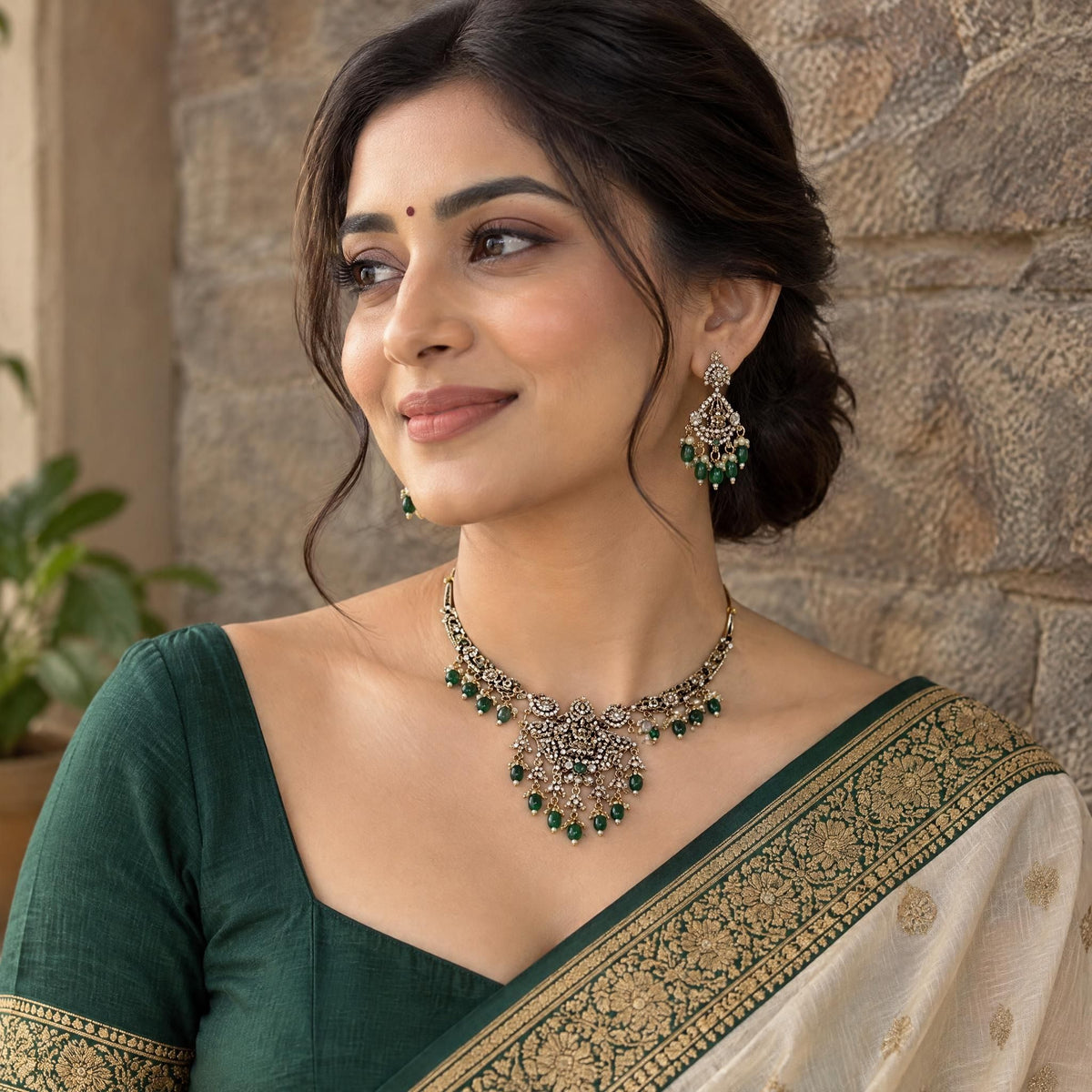Indian model wearing a complete gold Laxmi necklace set while standing against a textured stone wall.